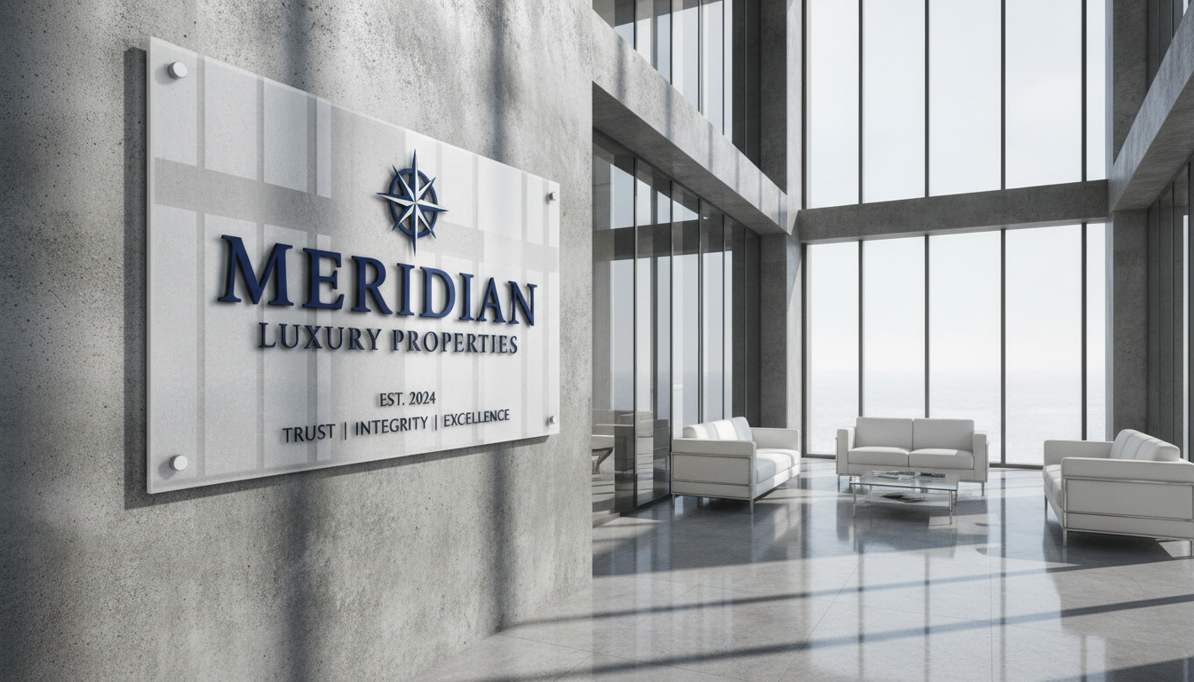 A polished, contemporary real estate signage display featuring a high-gloss acrylic sign with embossed details, mounted on a textured concrete wall. The sign uses understated branding in deep navy and silver, exuding professionalism and credibility. The setting captures a sunlit lobby with minimalistic furnishings and reflective stone flooring, where natural light streams through glass panels, casting precise, geometric shadows. The composition is framed by clean vertical and horizontal lines, shot from a slightly angled perspective to emphasize depth and sophistication. The aesthetic is modern and corporate, perfectly suited to a real estate guide’s trust-driven image.