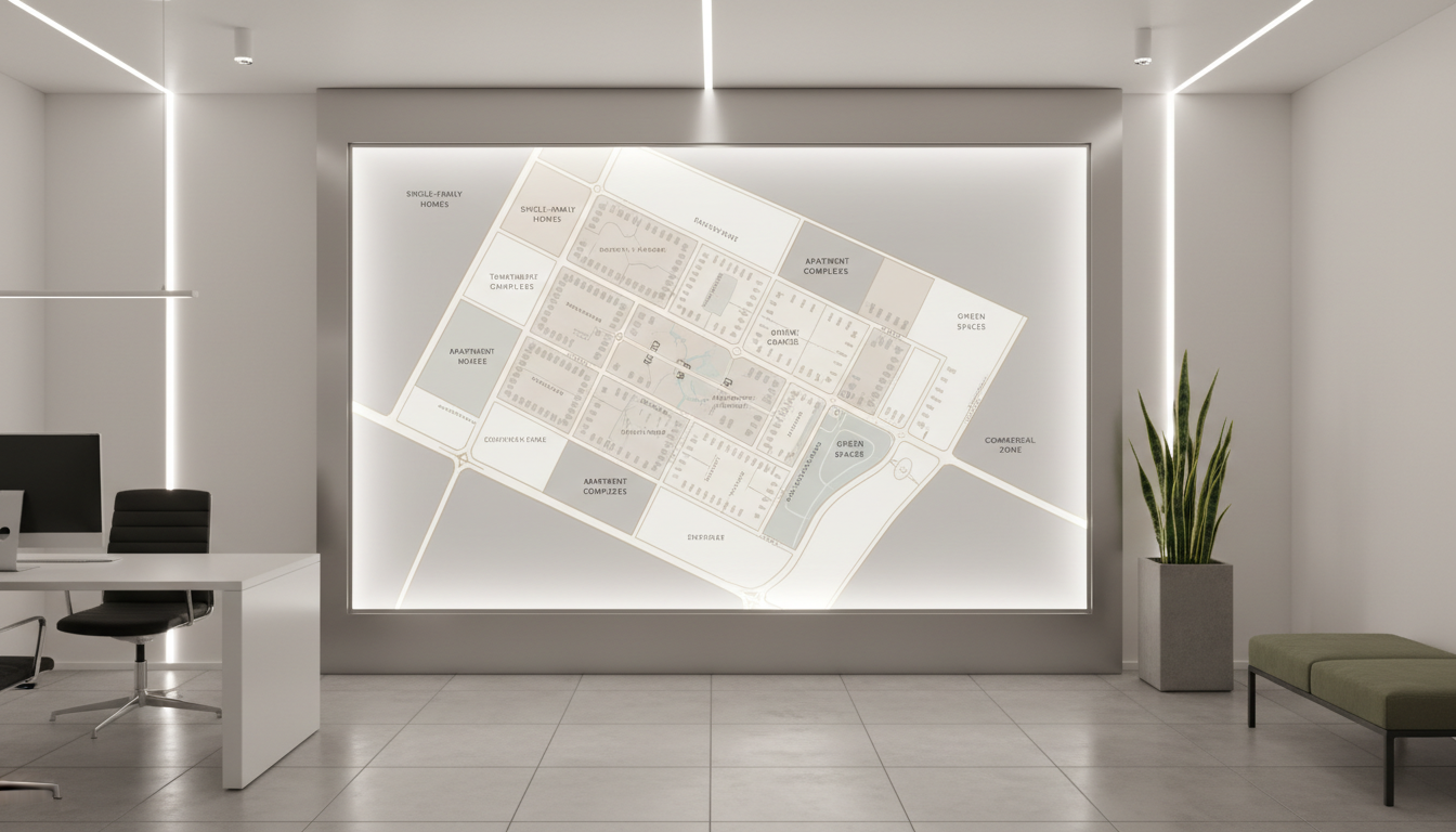 A precisely rendered, orderly map of a residential district, displayed on a large, backlit wall panel within a contemporary office interior. The map uses muted neutral colors—soft greys, subtle beige outlines—to identify different zones, with crisp, clear labels and boundaries. Surrounding the map, there are hints of streamlined office furniture and subtle plant accents, all bathed in soft, even artificial lighting that minimizes glare and enhances visibility. The composition features a centered perspective, ensuring clarity and professionalism, with a calm, structured atmosphere rooted in photographic realism.