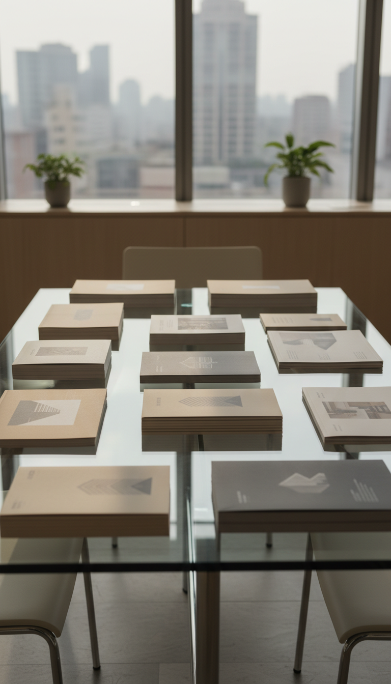 An organized display of high-quality, minimalist property brochures neatly stacked on a sleek glass table within a modern office environment. The brochures are printed on matte paper in understated tones of ivory, taupe, and slate grey, each featuring sophisticated graphic elements suggestive of property listings. Large windows allow diffused, natural daylight to softly illuminate the tabletop, creating gentle highlights and clean, unobtrusive shadows. The mood is professional and inviting, with a structured, balanced composition captured from a slightly elevated angle for optimal clarity. The overall effect is clean and modern, reflecting the site’s authoritative personality in the real estate industry.
